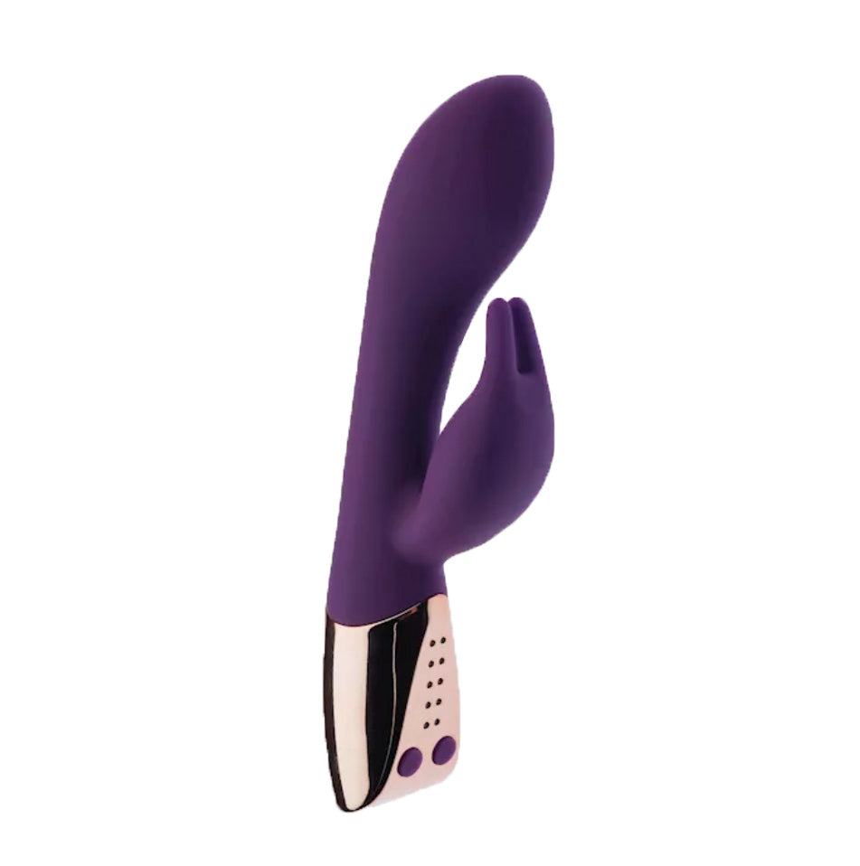 Purple silicone Rabbit Vibrator with a metallic base. Happy Pink Taco NZ