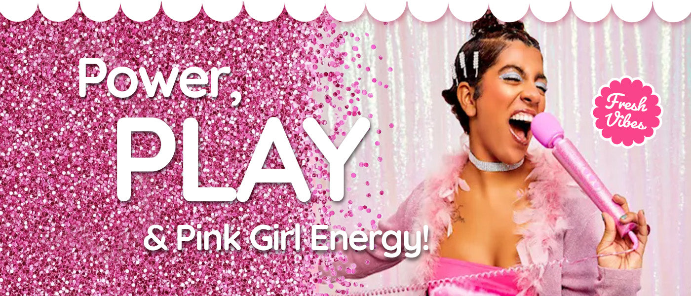 Power, plays and Pink Girl Energy. Girl singing into her PInk Glittler Le Wand Vibrator. Auckland.