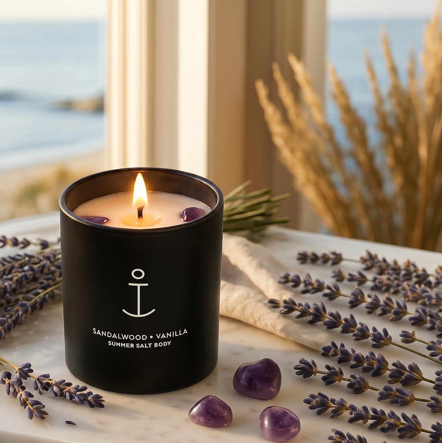 Soy Candle Sandalwood & Vanilla in a black jar with amethysts on a surface.