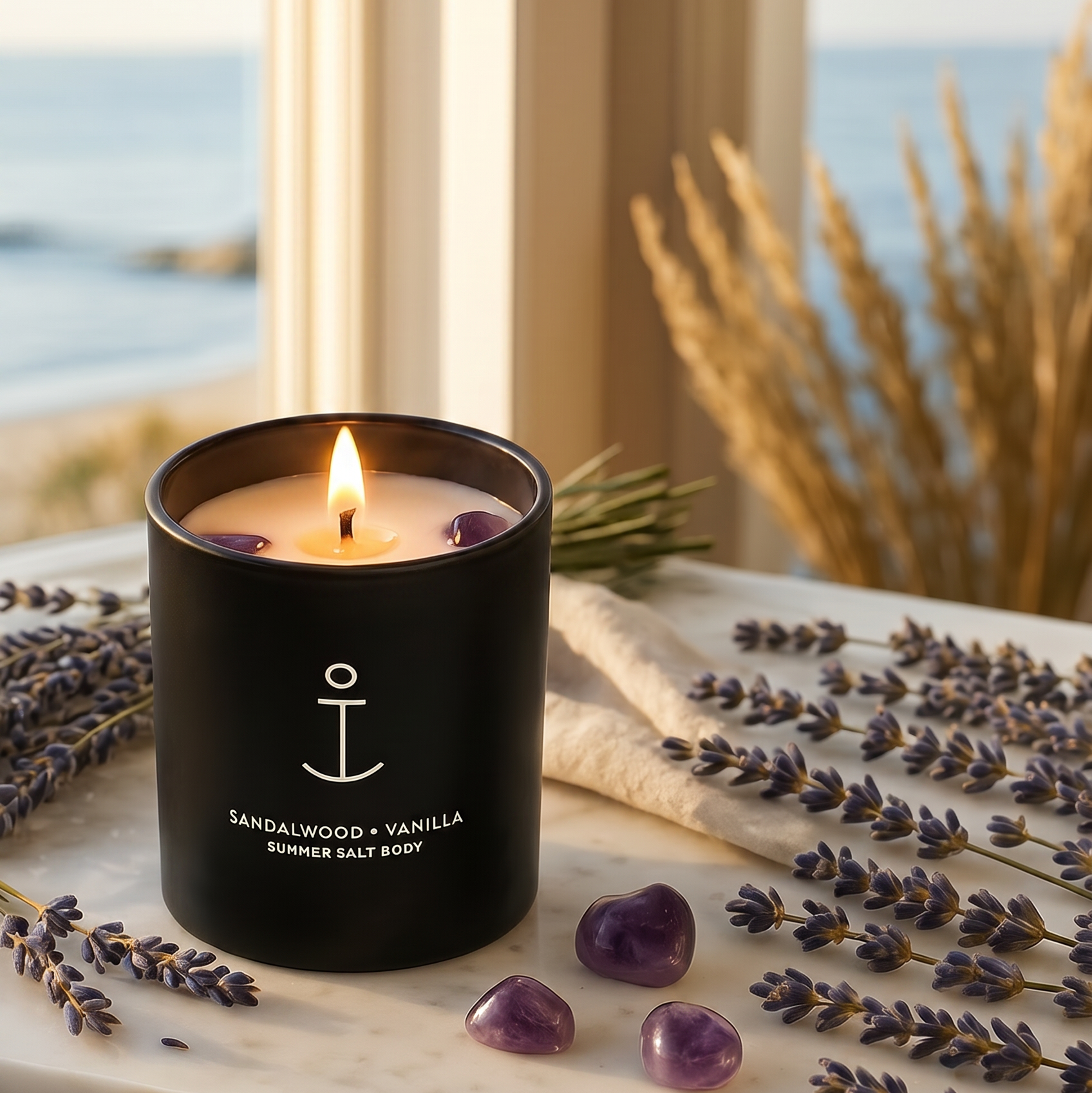Soy Candle Sandalwood & Vanilla in a black jar with amethysts on a surface.