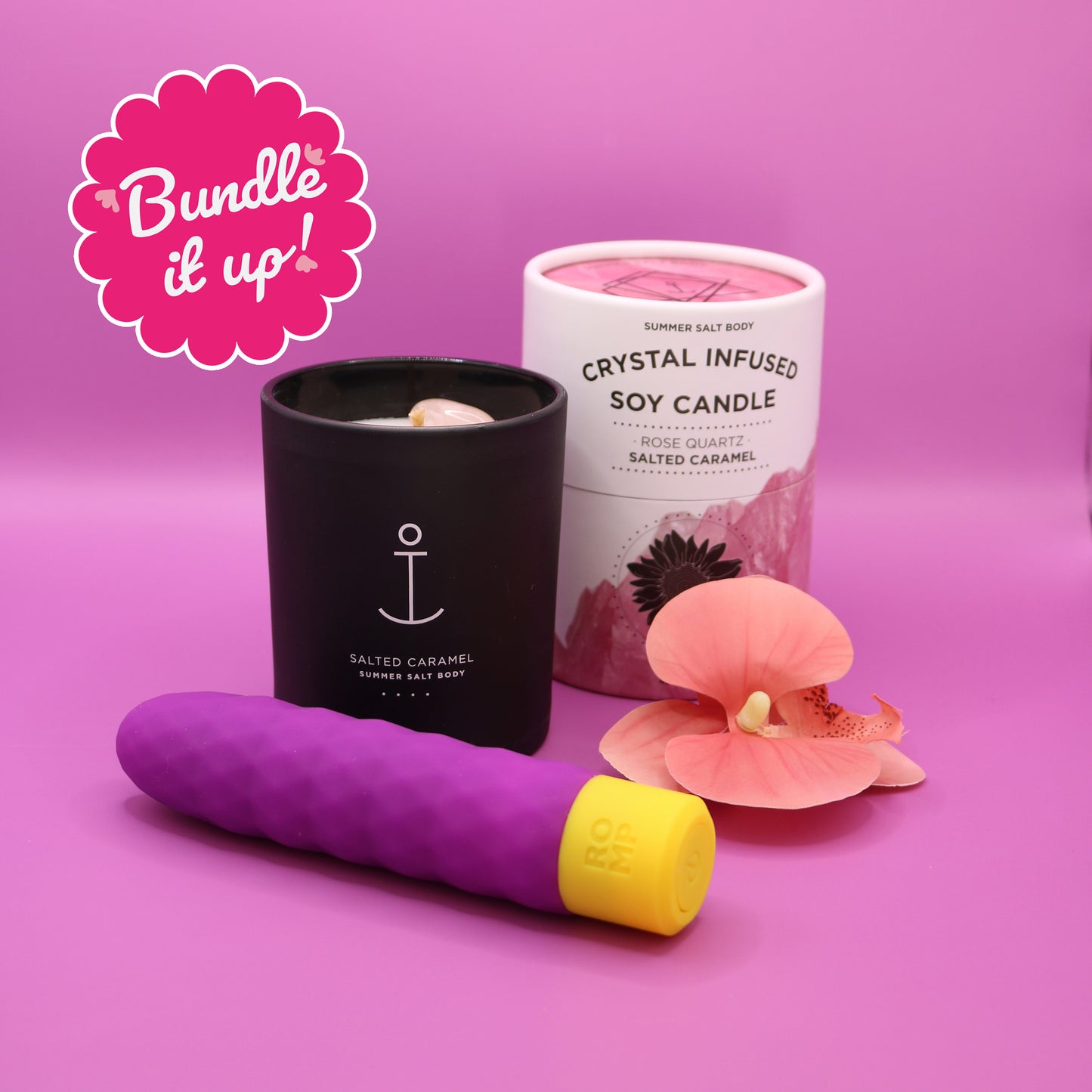 ROMP Beat Bullet Vibrator BUndle with Slated Caramel Soy Candle