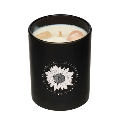 Salted Caramel & Rose Quartz soy candle, Black candle jar with a sunflower design on a white background