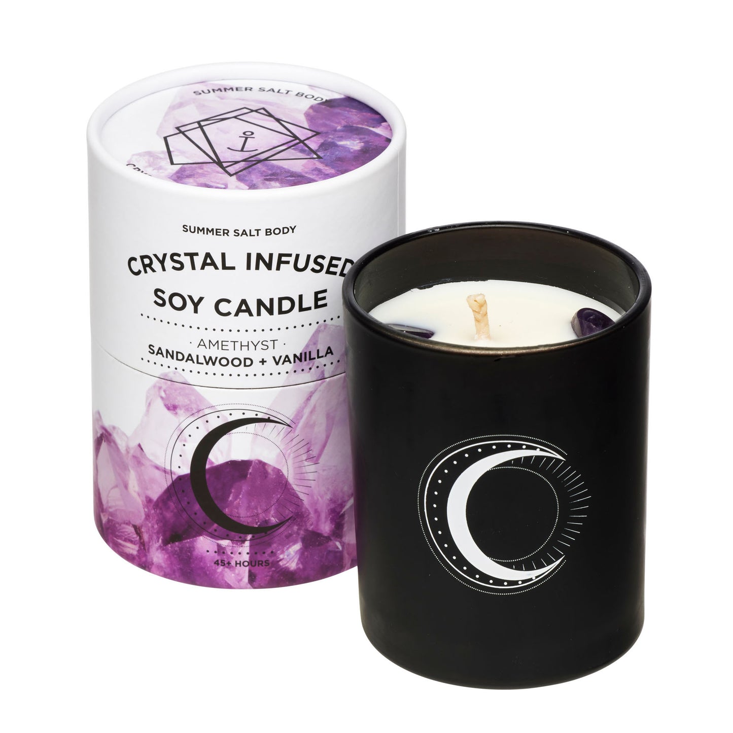 Crystal infused soy candle Sandalwood and Vanilla with packaging on a white background