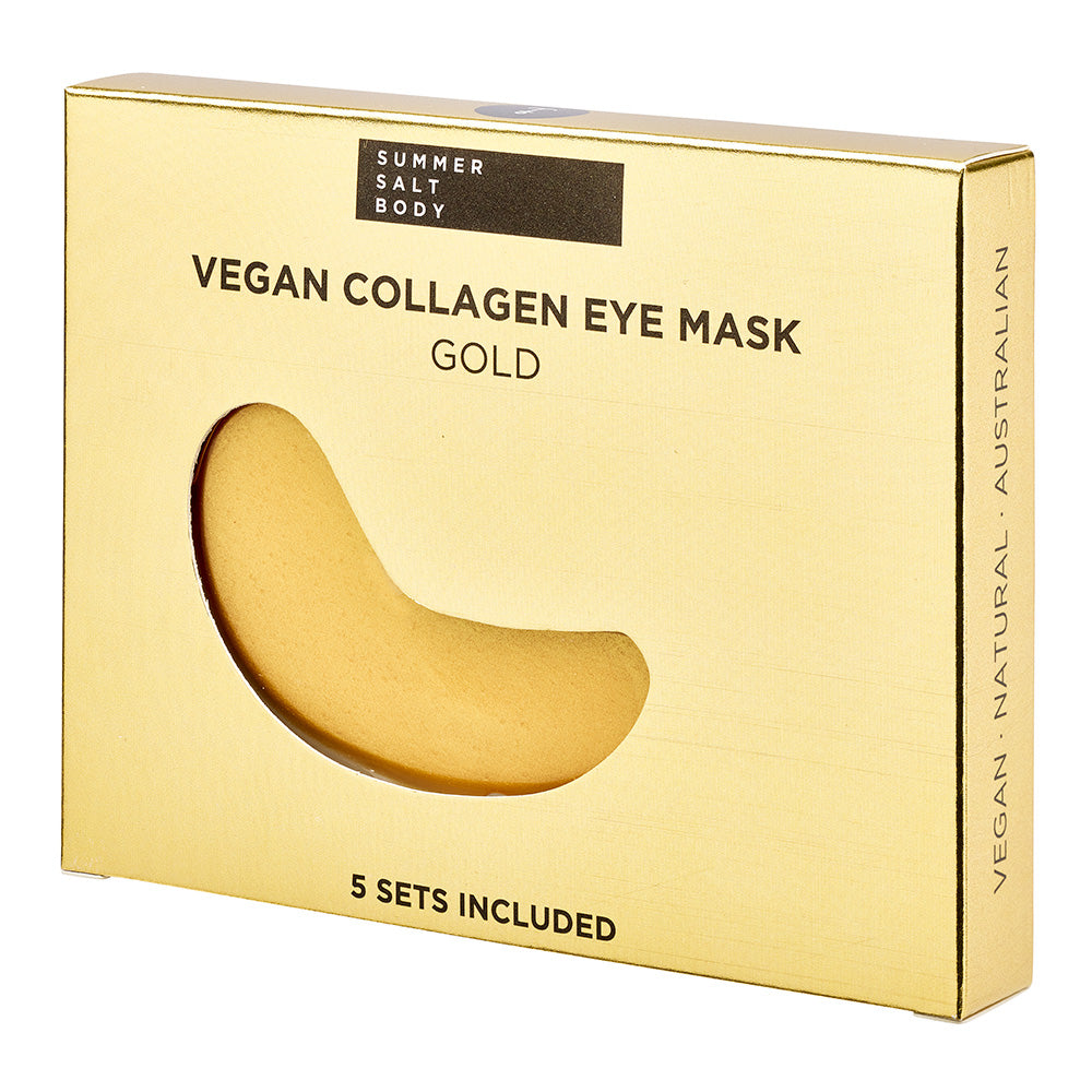 Gold packaging of Vegan Collagen Eye Mask with 'Summer Salt Body' branding.