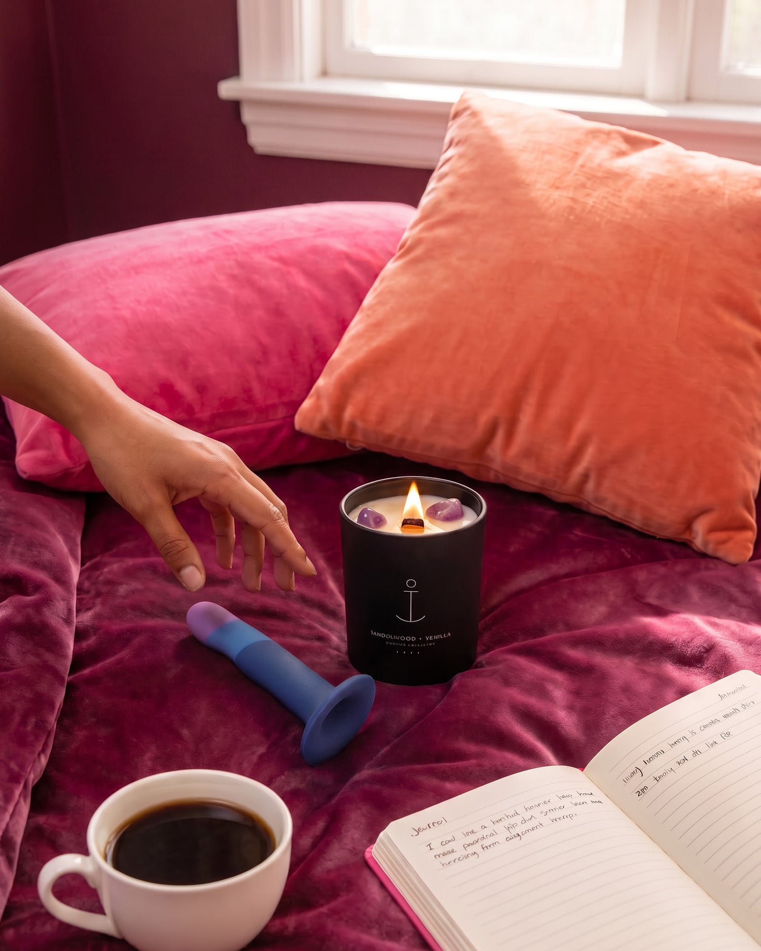 A lit black soy candle  sits on a magenta velvet bed alongside a blue silicone toy, with a person's hand reaching toward it. Pink pillows, a coffee cup, and an open notebook are also visible in a bedroom setting.