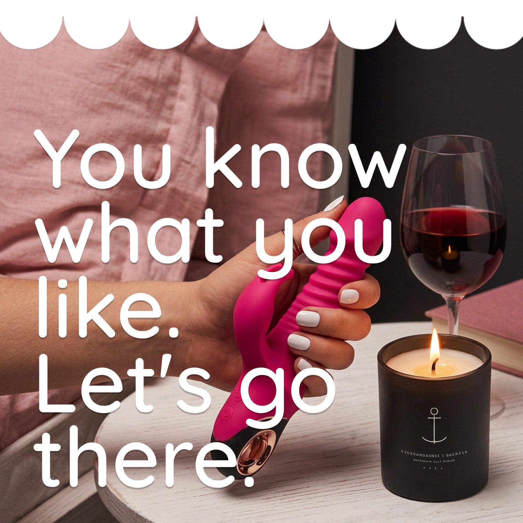 A hand holds a bright pink personal massager with a metallic gold base, set on a table next to a glass of red wine and a lit black candle. Large white text overlays the scene.